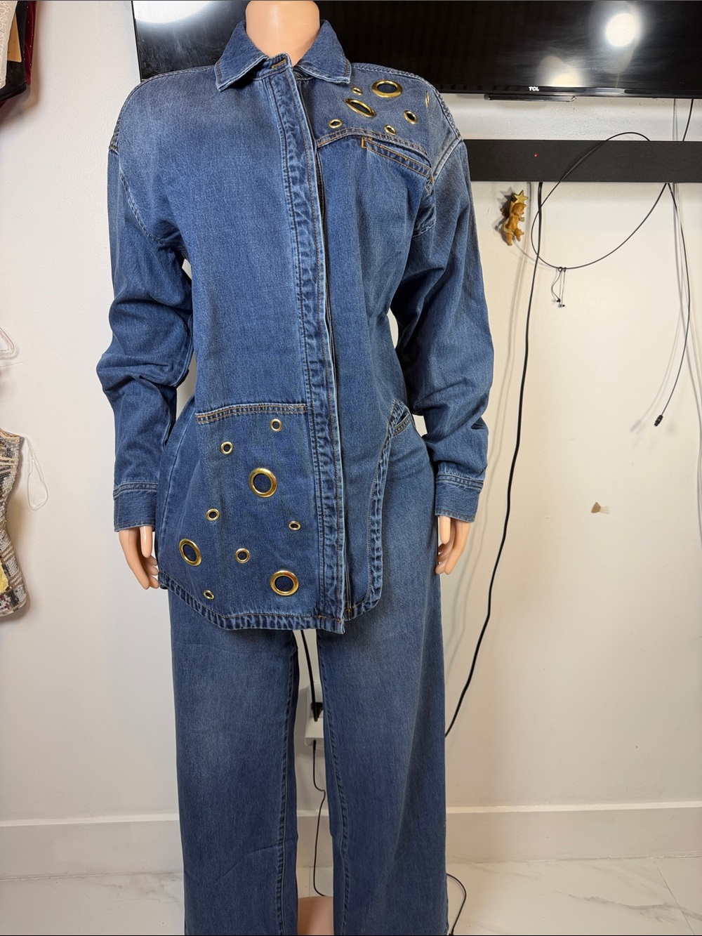 Denim Grommet Detail Women’s Jeans Set - Blue